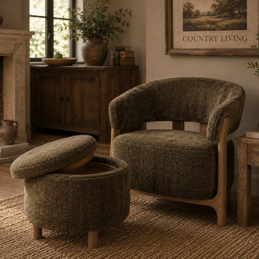 A cozy living room scene featuring a textured olive green upholstered armchair with a wooden frame and a matching round ottoman with a lid. The furniture is styled on a woven jute rug next to a rustic wooden side table with a candle, and a fireplace is visible in the background.