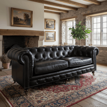 Oxford Chesterfield Aged Leather 3 Seater Sofa - Belon Black at Online8 Furniture Auckland NZ