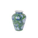 Peony Ceramic Bellied Vase in green and blue on white, 25cm high