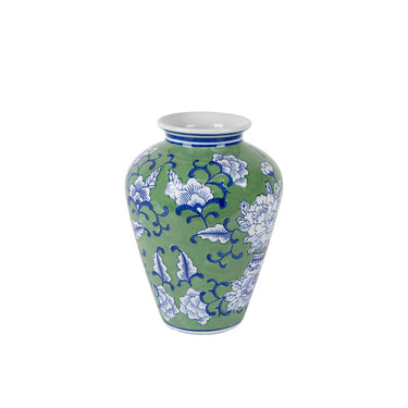 Peony Ceramic Bellied Vase in green and blue on white, 25cm high