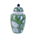 Peony Ceramic Ginger Jar Large in green and blue on white, 41cm high