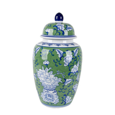 Peony Ceramic Ginger Jar Large in green and blue on white, 41cm high