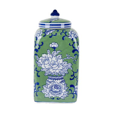 Peony Ceramic Square Jar Large in green and blue on white, 32cm high