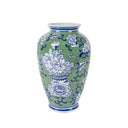 Peony Ceramic Tall Vase in green and blue on white, 30cm high