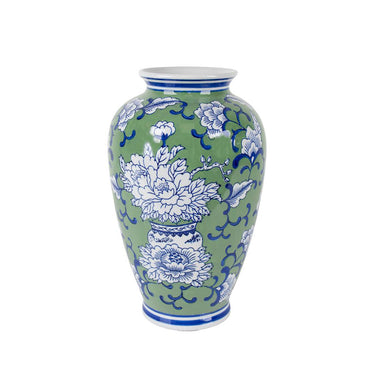 Peony Ceramic Tall Vase in green and blue on white, 30cm high