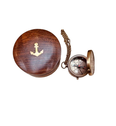 Pocket Brass Compass with Round Wooden Box at Online8 Furniture Auckland NZ