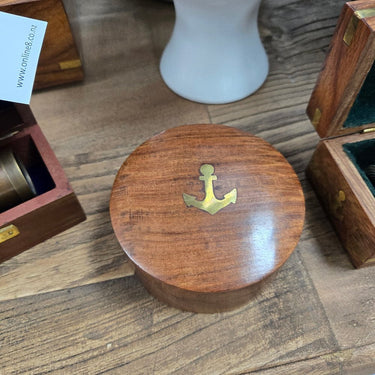 Pocket Brass Compass with Round Wooden Box at Online8 Furniture Auckland NZ