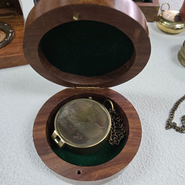 Pocket Brass Compass with Round Wooden Box at Online8 Furniture Auckland NZ