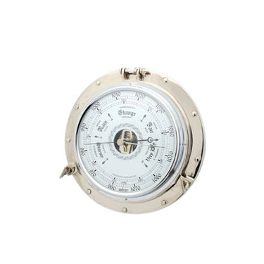 Porthole Barometer in polished nickel with a round porthole-inspired aluminium frame