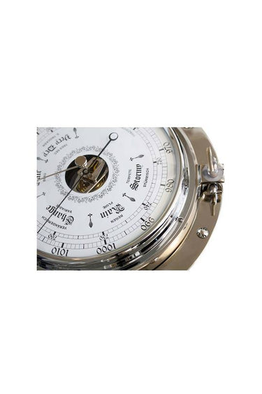 Polished nickel porthole barometer for tracking air pressure, 28cm diameter and 6cm deep