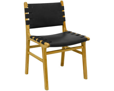 Skata Dining Chair - Teak Oil Wood & Black Leather at Online8 Furniture Auckland NZ