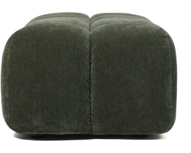Angled view of the Rolla Bench Seat showing its soft upholstered olive silhouette