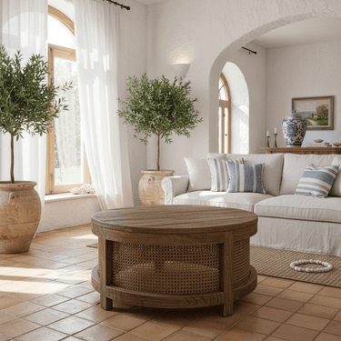 Santorini Elm & Rattan round Coffee Table at Online8 Furniture Auckland NZ