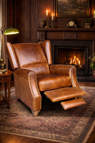 Stratford Aged Leather Recliner Chair - Cognac at Online8 Furniture Auckland NZ