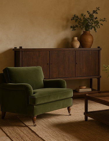 Thornfield 1.5 Seater Armchair - Olive Velvet at Online8 Furniture Auckland NZ