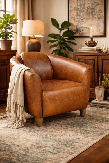 Vanguard Aged Leather Armchair Tub Chair – Cognac at Online8 Furniture Auckland NZ