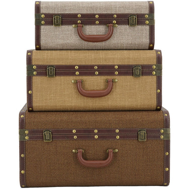 Vintage Trunk Set of 3 stacked, in grey, tan and brown woven finishes with strap detailing
