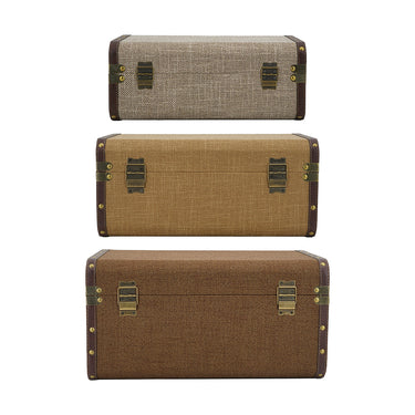 Back view of the Vintage Trunk Set of 3 showing antique brass hinges