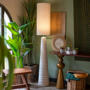 White Ceramic Floor Lamp with Natural Linen Shade at Online8 Furniture Auckland NZ