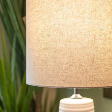 White Ceramic Floor Lamp with Natural Linen Shade at Online8 Furniture Auckland NZ