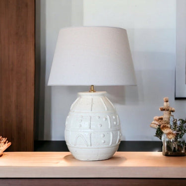White Terracotta Table Lamp with White Linen Shade at Online8 Furniture Auckland NZ