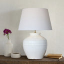 White Terracotta Table Lamp with White Linen Shade at Online8 Furniture Auckland NZ