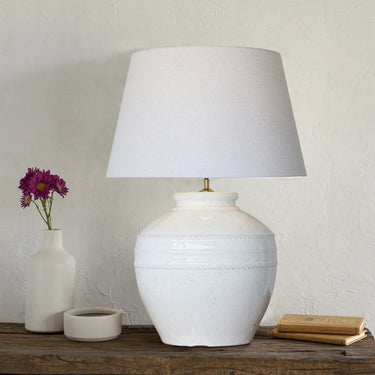 White Terracotta Table Lamp with White Linen Shade at Online8 Furniture Auckland NZ