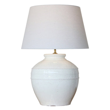White Terracotta Table Lamp with White Linen Shade at Online8 Furniture Auckland NZ