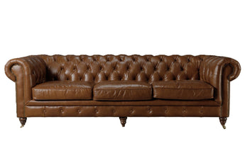 Windsor 3.5 Seater Leather Chesterfield in cognac top-grain South American hide with deep button tufting