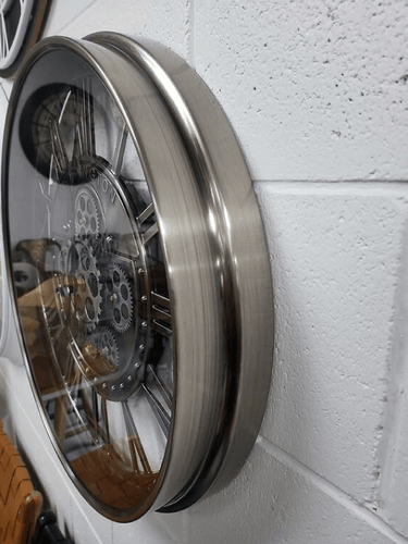 Antique Silver Wall Clock with Gears at Online8 Furniture Auckland NZ
