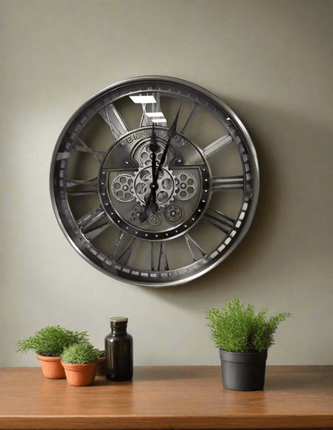 Antique Silver Wall Clock with Gears at Online8 Furniture Auckland NZ
