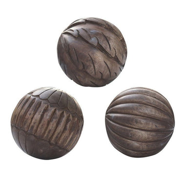 Brown Carved Mango Wood Spheres Set of 3 at Online8 Furniture Auckland NZ
