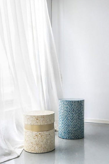 Capiz Tan & Gold Side Table | Pedestal Stool at Online8 Furniture Auckland NZ
