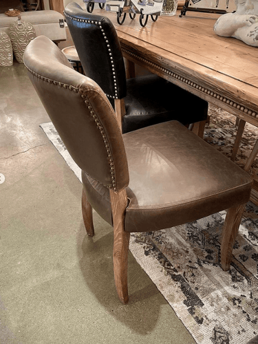 Derringer Dining Chair with Brass Studs - Brown at Online8 Furniture Auckland NZ