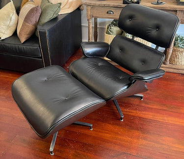 Eames Leather Chair & Footstool - Belon Black at Online8 Furniture Auckland NZ