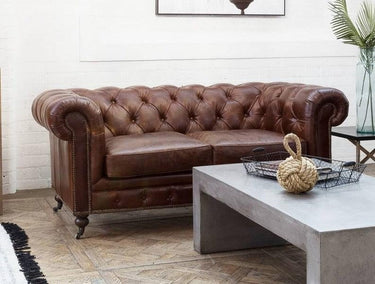 Oxford Chesterfield Aged Leather 2 Seater Sofa - Vintage Cigar at Online8 Furniture Auckland NZ