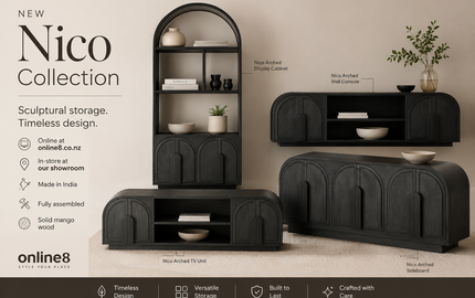 Luxury matte black arch furniture styled interior — Nico collection at Online8 Auckland