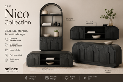 Luxury matte black arch furniture styled interior — Nico collection at Online8 Auckland