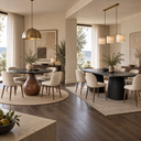 Round Orb dining table compared with the rectangular Contour dining table. online8 NZ
