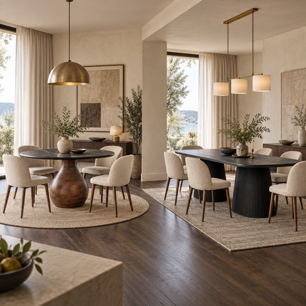 Round Orb dining table compared with the rectangular Contour dining table. online8 NZ