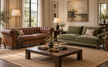 Leather and fabric sofas compared in elegant living-room settings by Online8 New Zealand