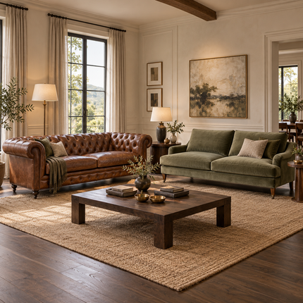 Leather and fabric sofas compared in elegant living-room settings by Online8 New Zealand