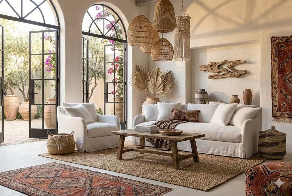 Modern living room featuring a cream fabric sofa, woven pendant lights, and a rustic wooden coffee table - 2026 furniture trends NZ.
