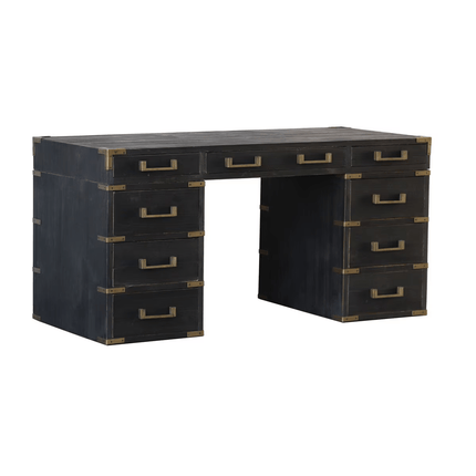Harlequin Executive Desk in reclaimed old pine with black finish and brass fittings