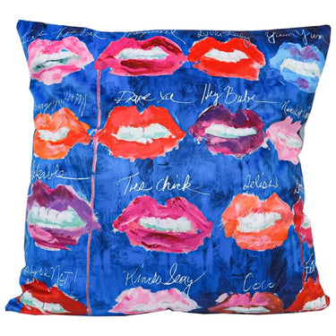 Pop art velvet cushion with painted lips on electric blue, 550 x 550mm