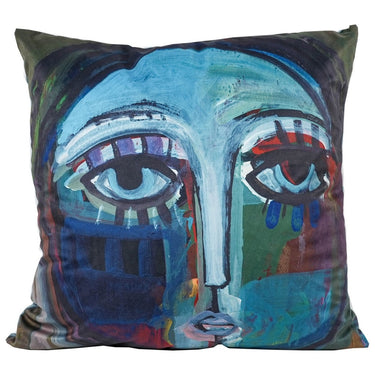 Abstract painted face velvet cushion in teal and blue, 550 x 550mm