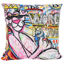 Graffiti style velvet cushion with pink figure and street lettering, 550 x 550mm
