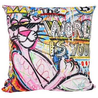 Graffiti style velvet cushion with pink figure and street lettering, 550 x 550mm