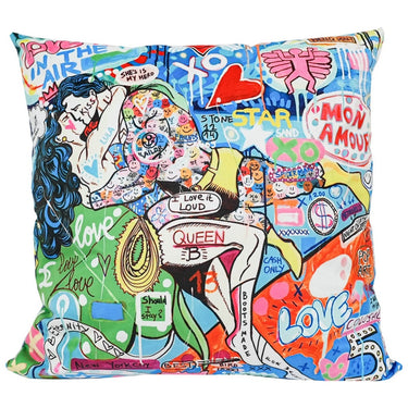 Graffiti collage velvet cushion with Mon Amour lettering, 550 x 550mm