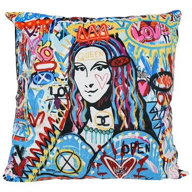 Graffiti reworked classical portrait velvet cushion, 550 x 550mm